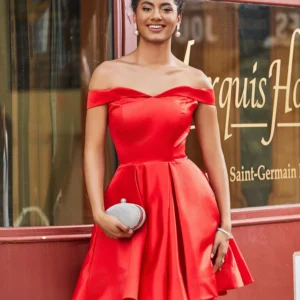 Off Shoulder Satin Short Dress with Pockets