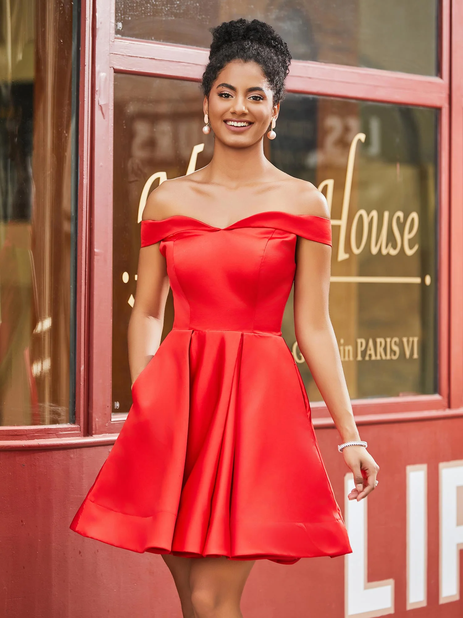 Off Shoulder Satin Short Dress with Pockets - Image 2